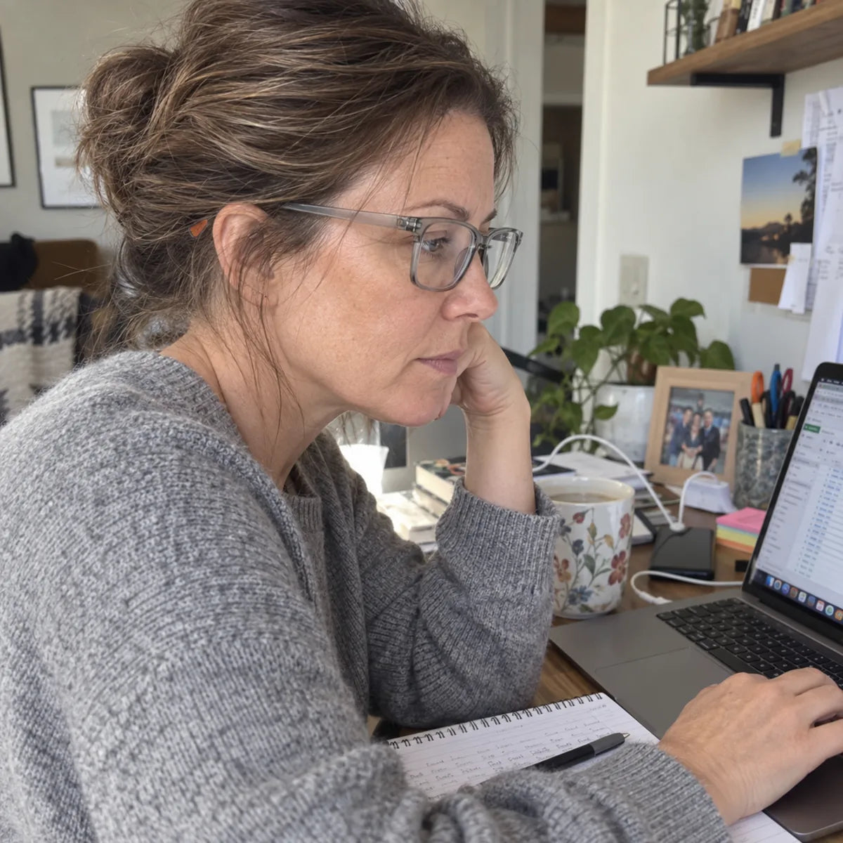 Michelle wearing blue-light reading glasses while using a laptop