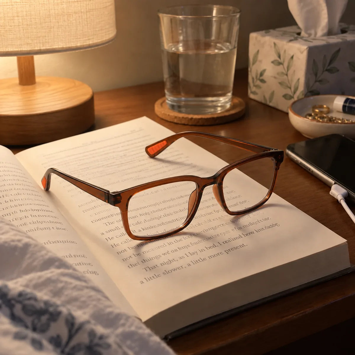 Amber reading glasses on a nightstand book