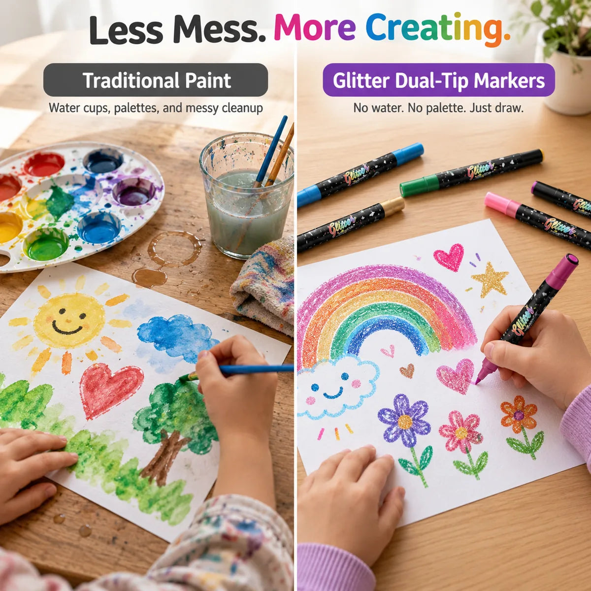 Clean family craft table using glitter markers without water cups brushes or mixing palette