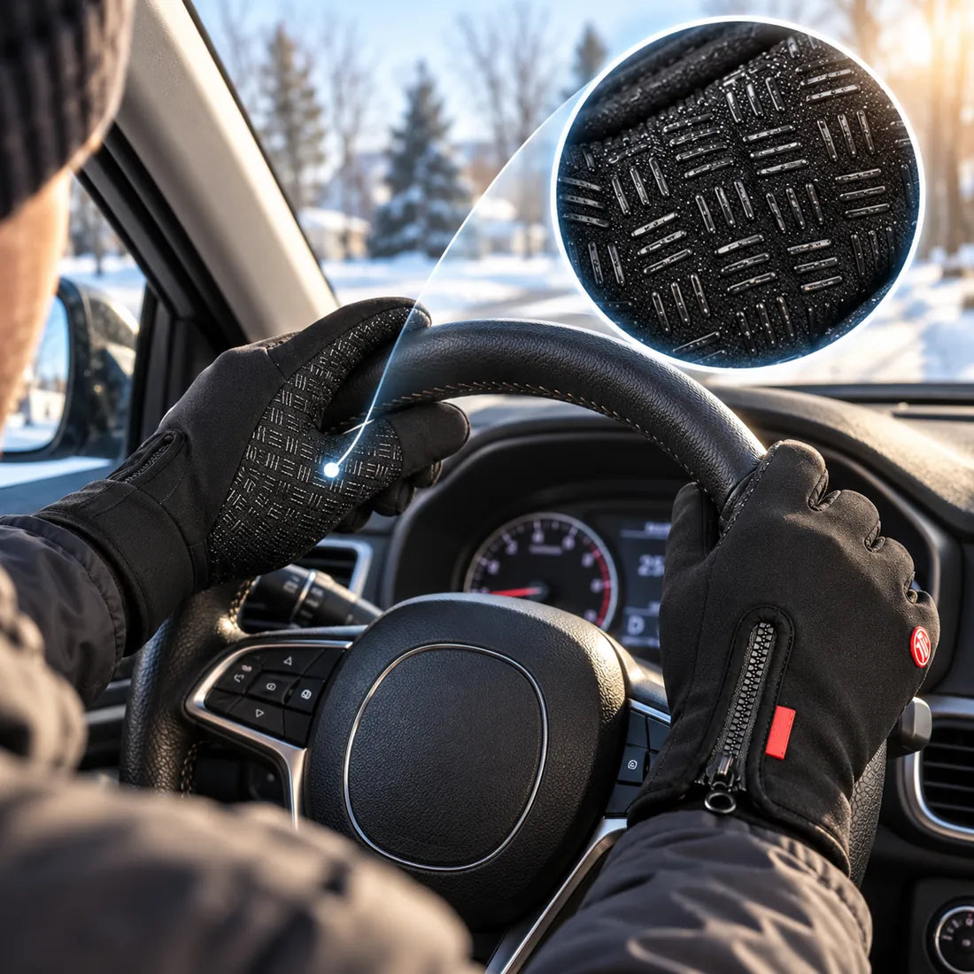 Anti-slip winter gloves gripping a steering wheel with palm texture closeup