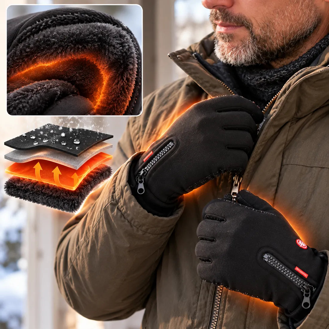 Warm fleece lined waterproof winter gloves with flexible zipper cuff