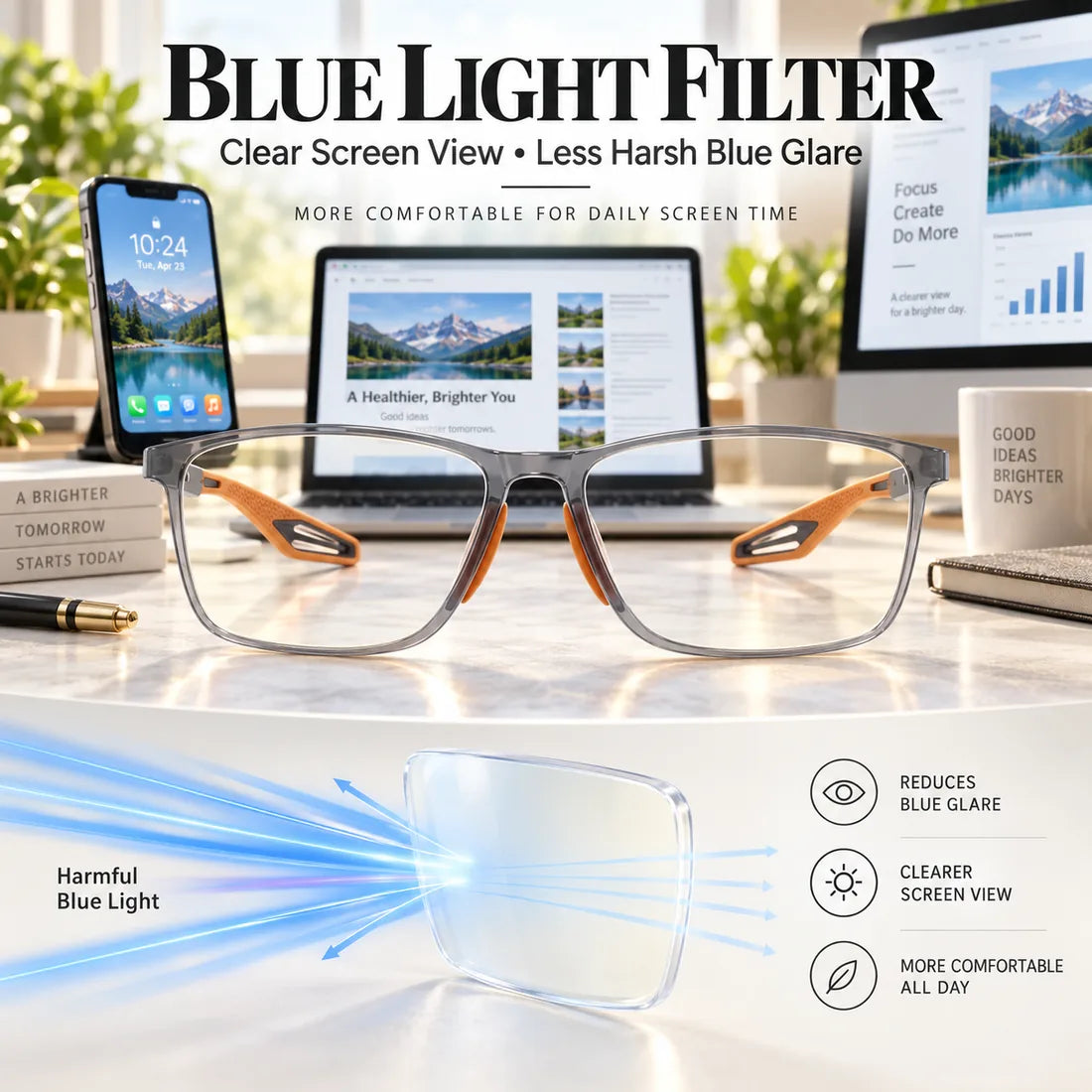 Blue light filter glasses reducing harsh screen glare