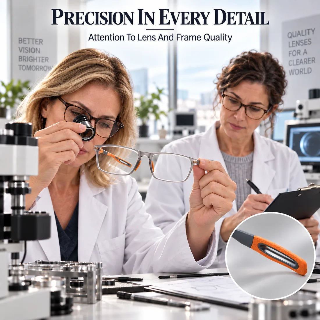 Professional inspection of glasses showing lens and frame quality