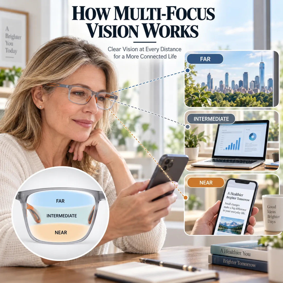 Multi-focus vision zones for far intermediate and near viewing