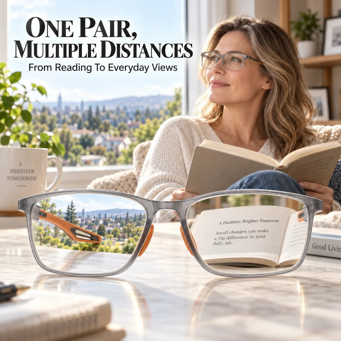 One pair of glasses for reading and everyday distance viewing
