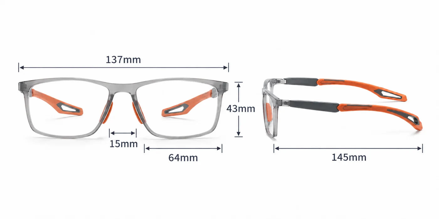 Glasses product dimensions showing 137mm front width 145mm temple length 43mm lens height 64mm lens width and 15mm bridge