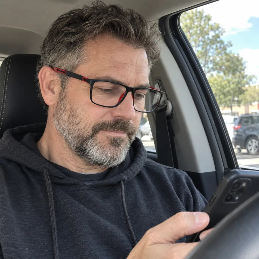 Man wearing black and red glasses while looking at a phone in a car