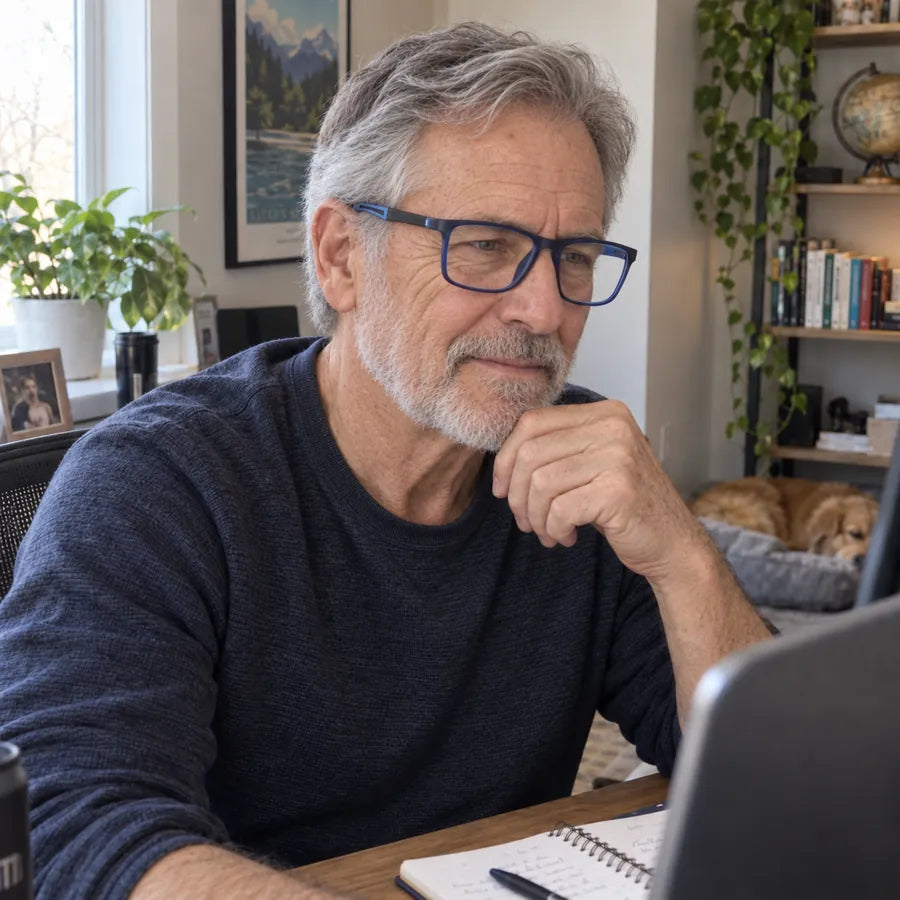 Man wearing blue glasses while working on a laptop at home
