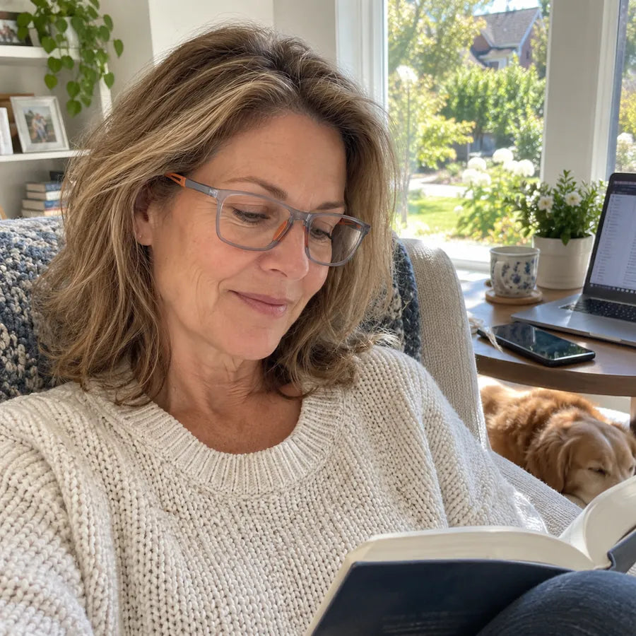Woman wearing gray and orange glasses while reading at home