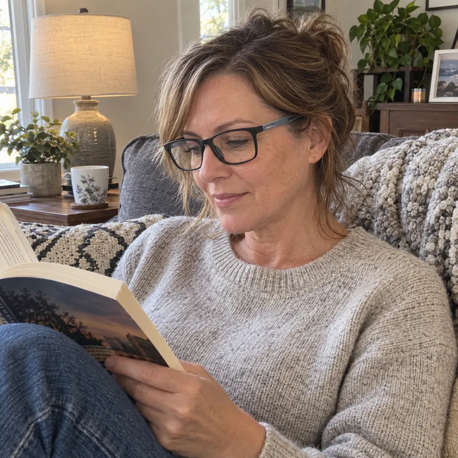 Woman wearing black and gray glasses while reading on a sofa