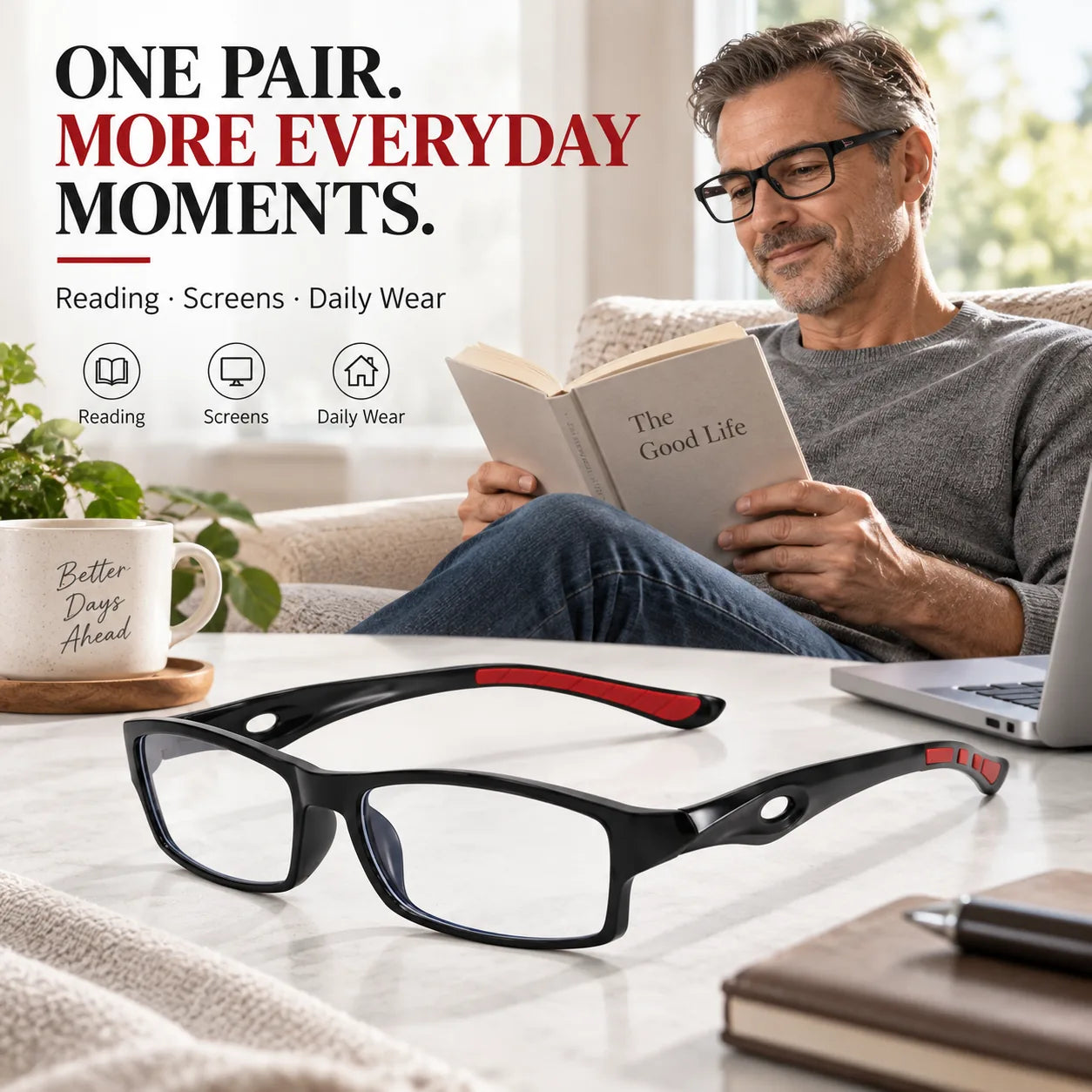 One pair of glasses for reading screens and daily wear