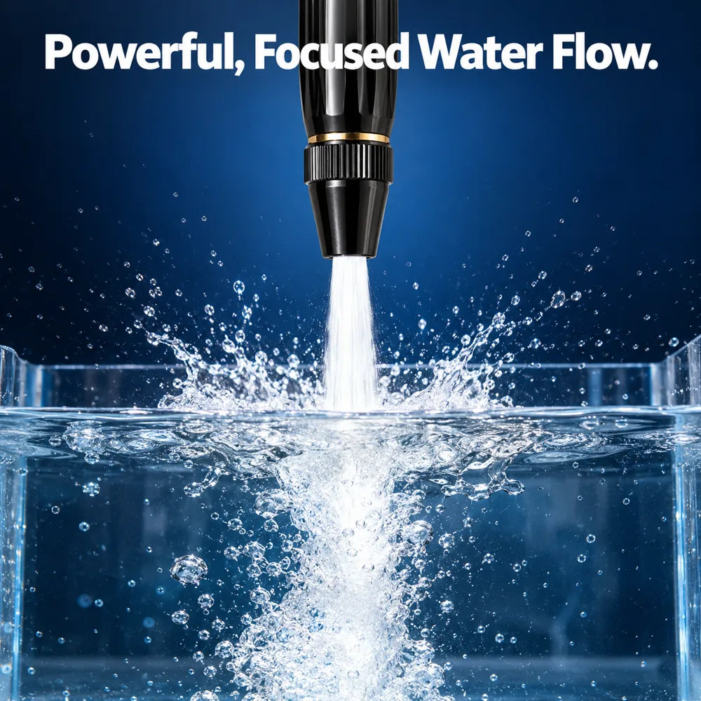 Focused water flow from black and gold high pressure sprayer nozzle
