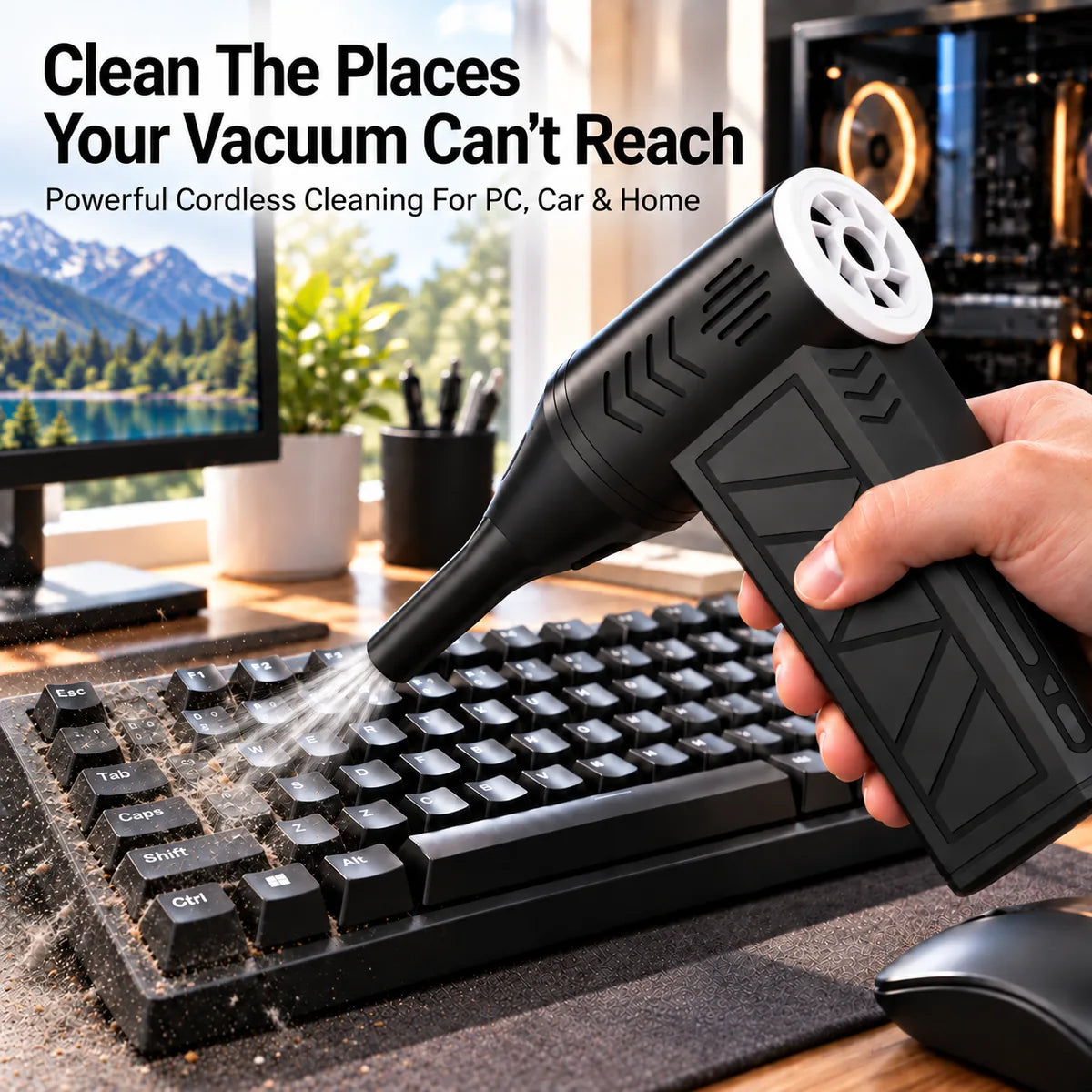 Cordless air duster cleaning dust from a computer keyboard