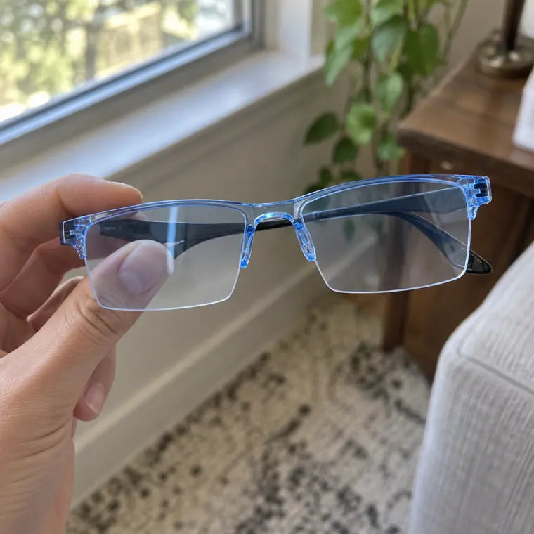 Customer holding blue clear frame glasses near a window