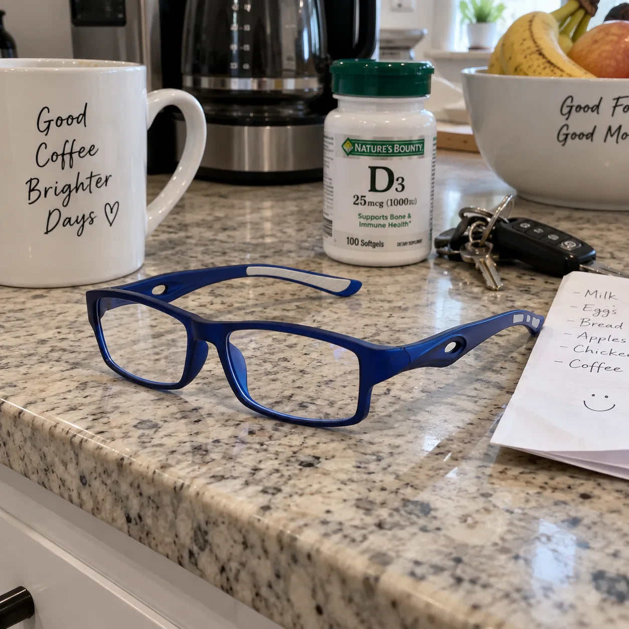 Blue reading glasses on a kitchen counter beside a shopping list
