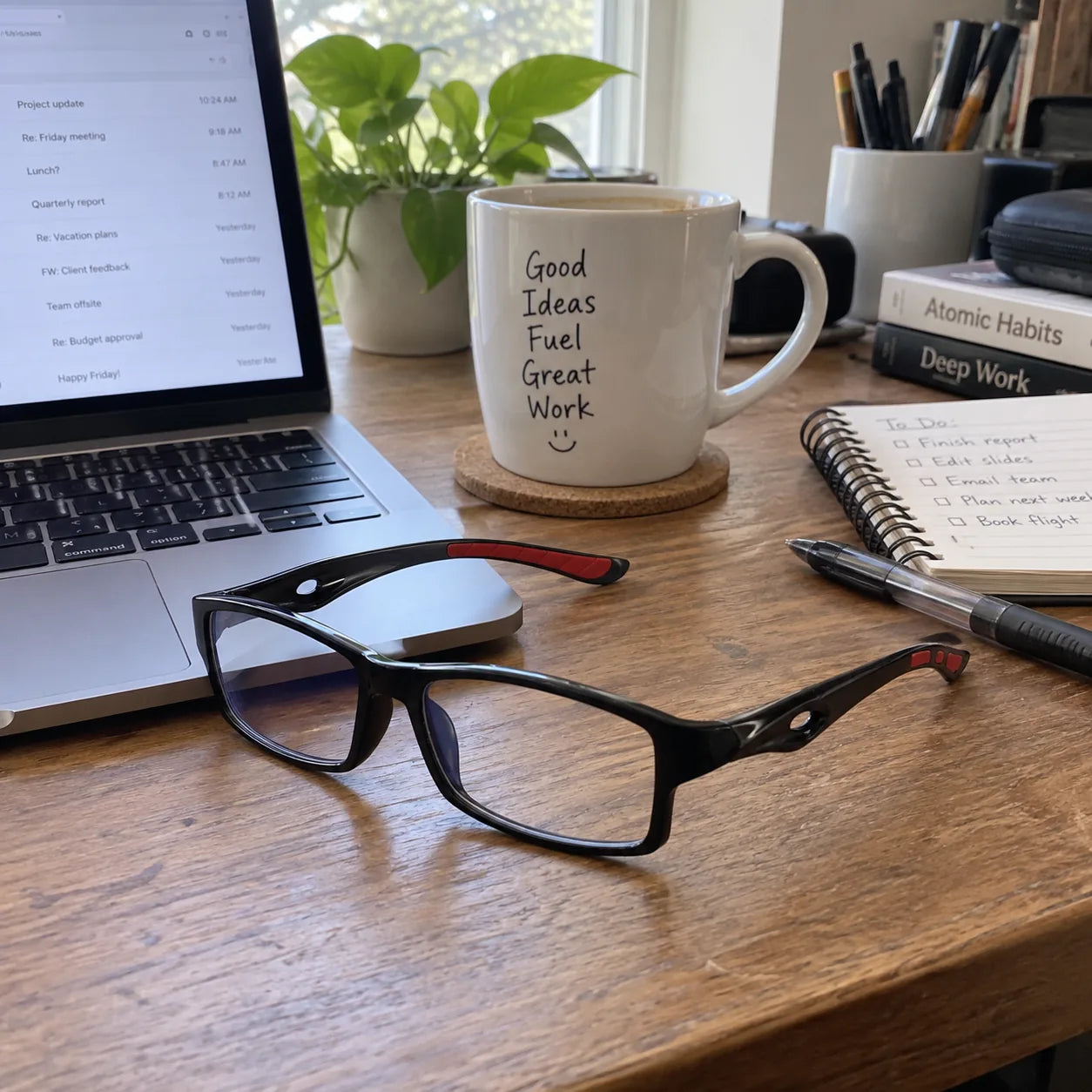 Black and red glasses on a desk beside a laptop coffee mug and notebook