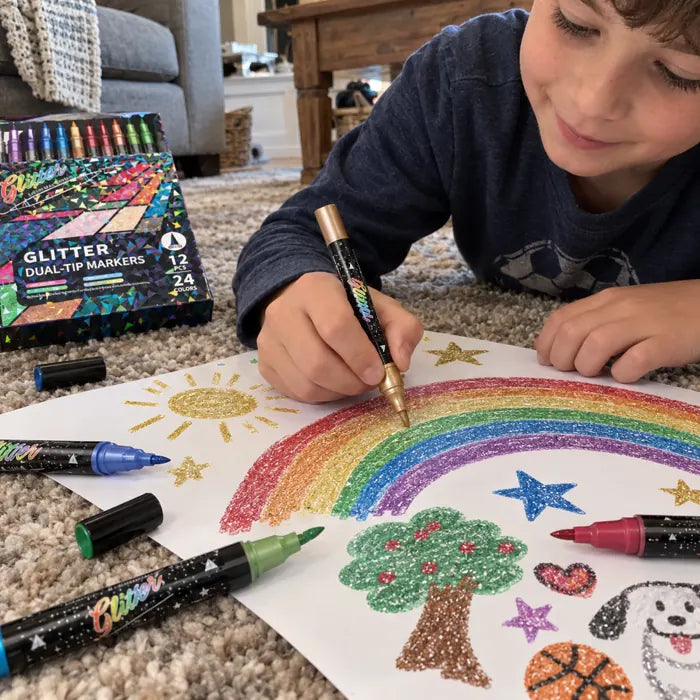Boy coloring a rainbow poster with glitter markers