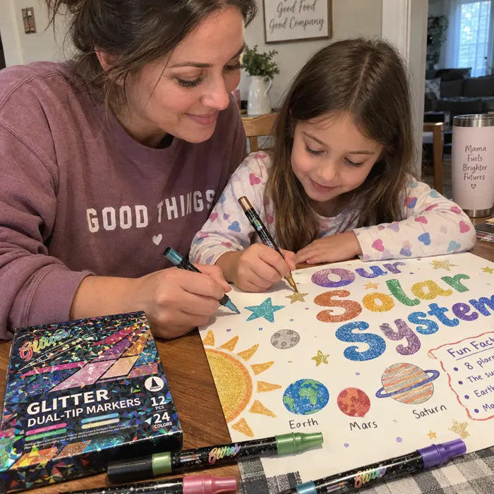 Mother and daughter making a glitter marker solar system poster