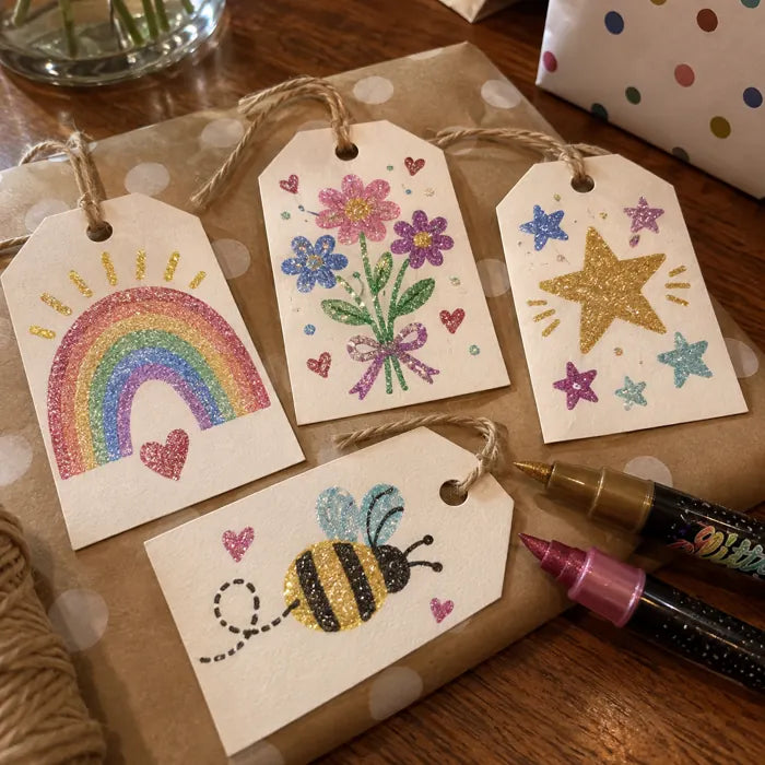 Handmade gift tags decorated with glitter dual-tip markers
