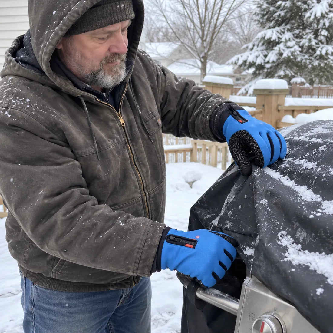 Customer pulling a snowy grill cover while wearing blue winter gloves