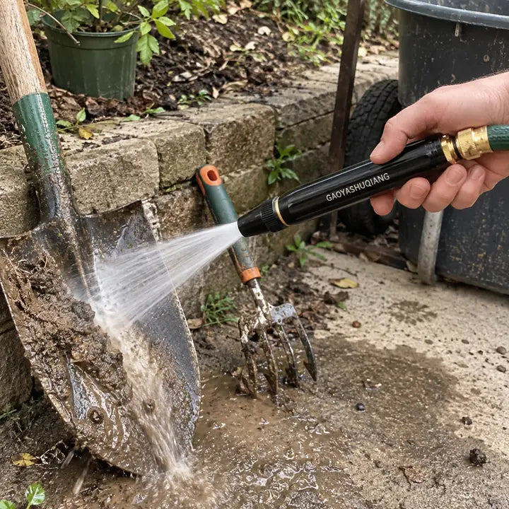 Sprayer nozzle rinsing muddy garden tools