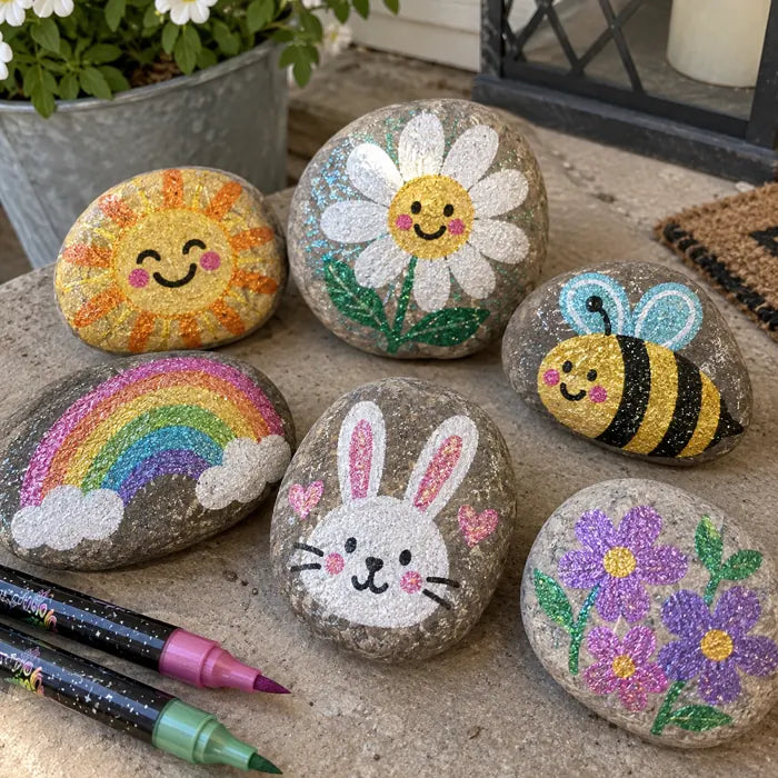 Outdoor painted stones decorated with glitter marker designs