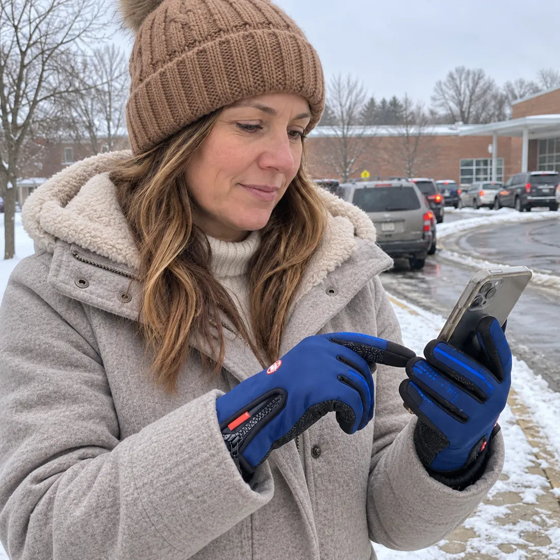 Customer using a phone in snowy weather while wearing blue touchscreen winter gloves