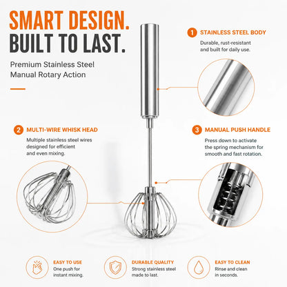 🥄LAST DAY 50% OFF ✨ Stainless Steel Hand-Push Rotary Whisk – Effortless Mixing in Seconds!