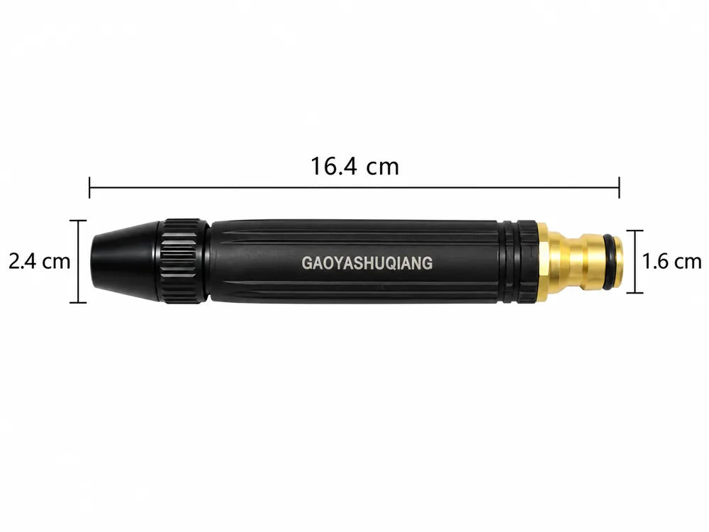 High pressure sprayer nozzle size dimensions showing 16.4 cm length, 2.4 cm nozzle width, and 1.6 cm connector width