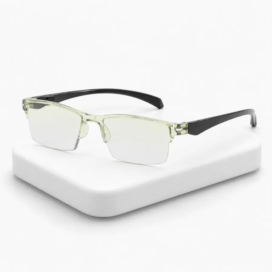Soft yellow clear frame reading glasses with black temples on white display block