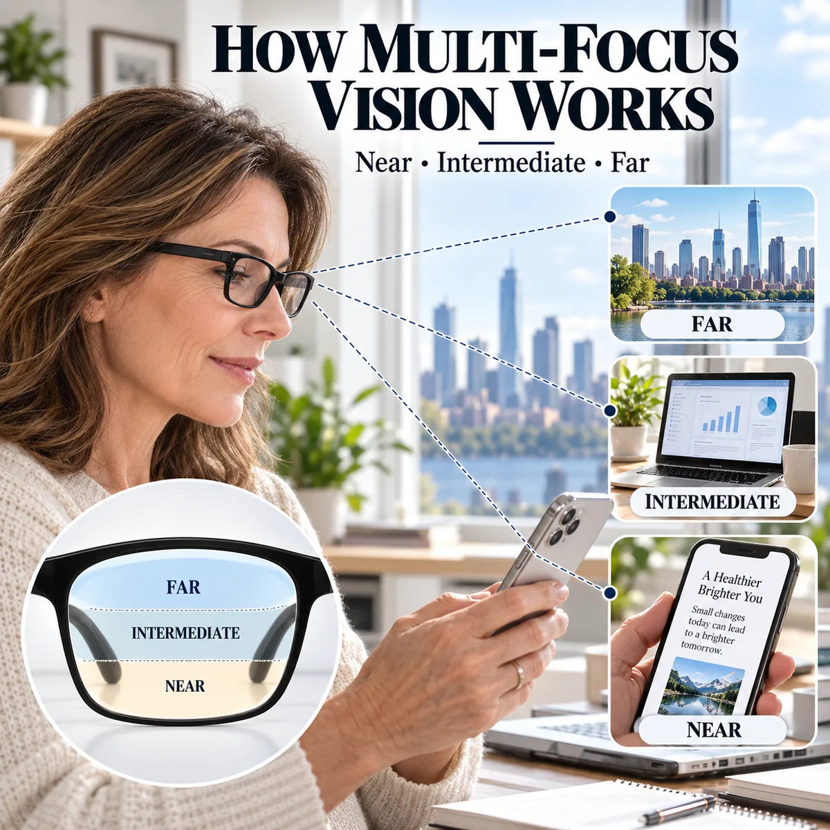 Multi-focus vision zones for far intermediate and near viewing