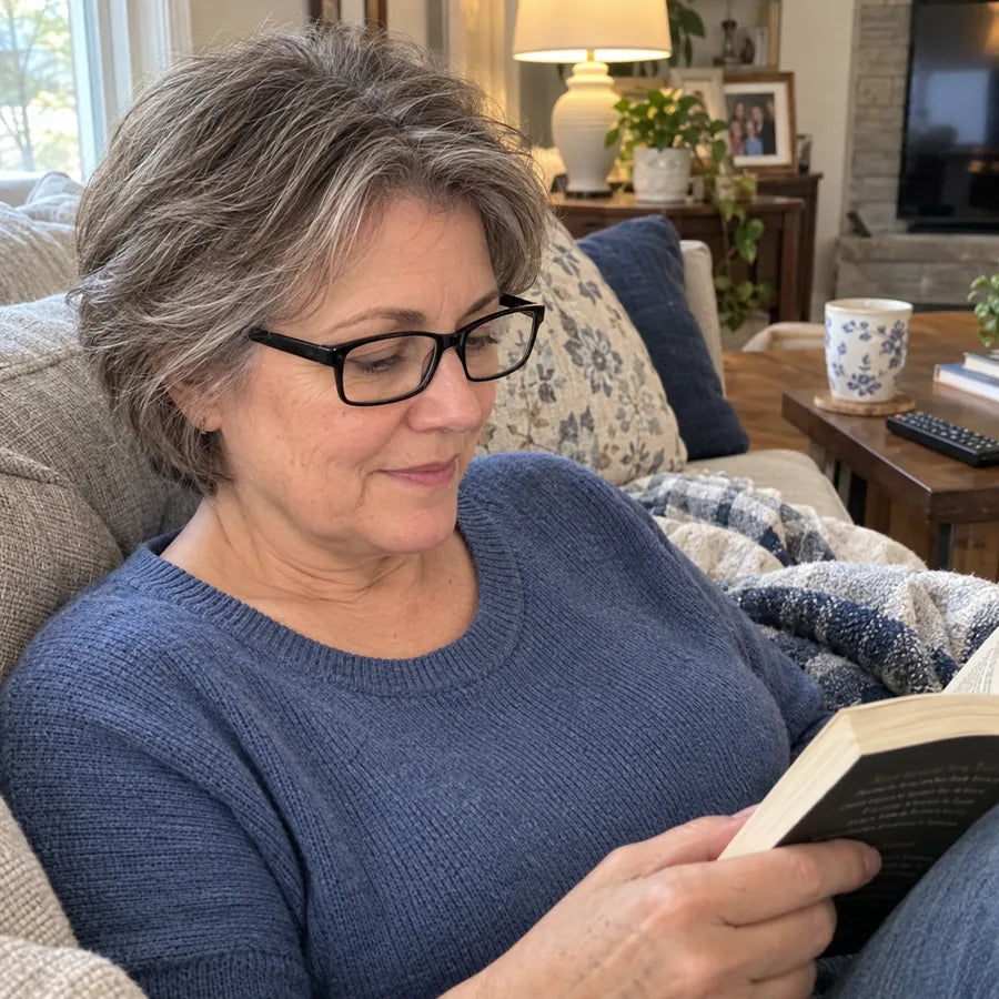 Woman wearing black glasses while reading on a sofa
