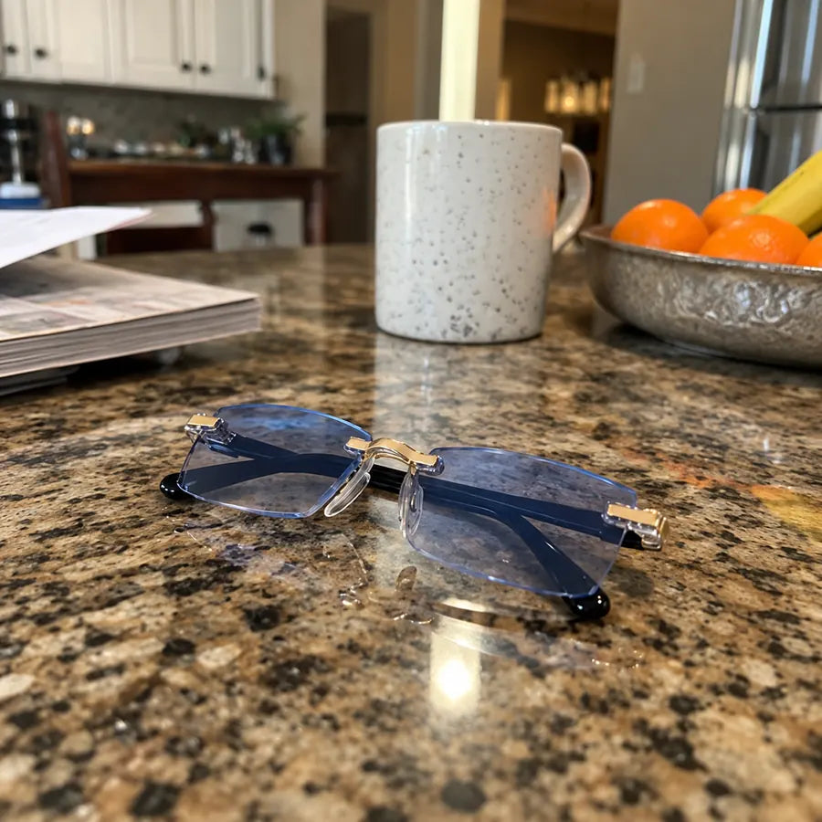 Blue-light rimless glasses on a kitchen counter beside a mug