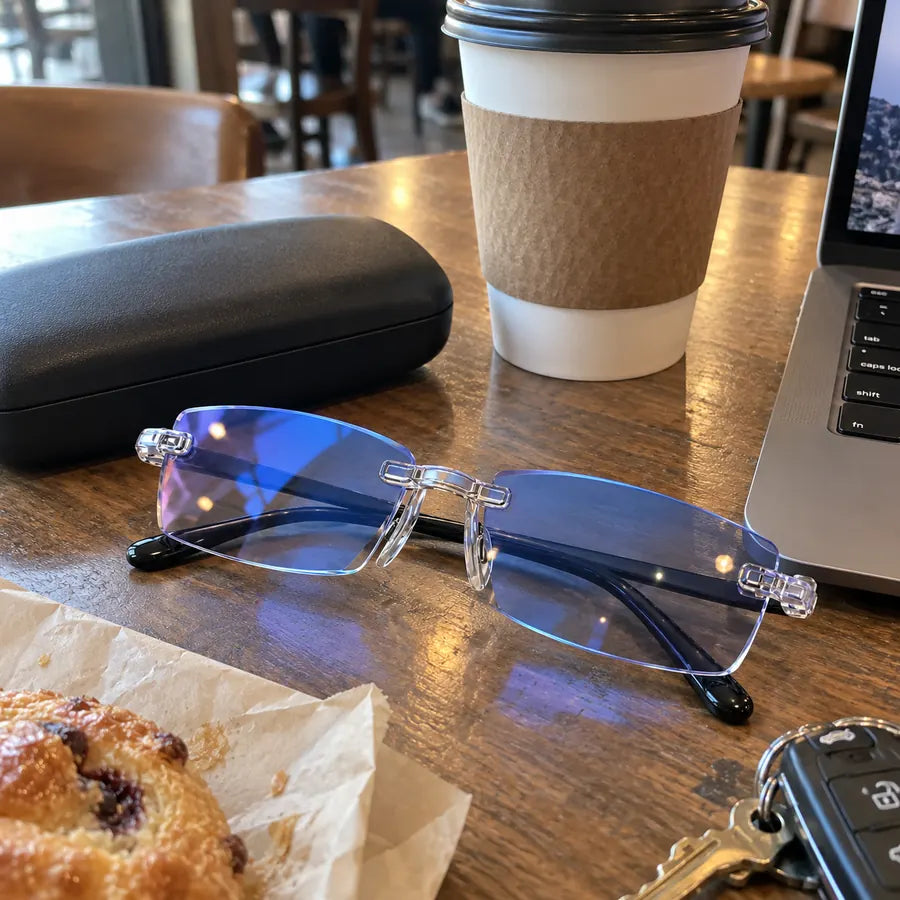 Blue-light rimless glasses on a coffee shop table beside a laptop